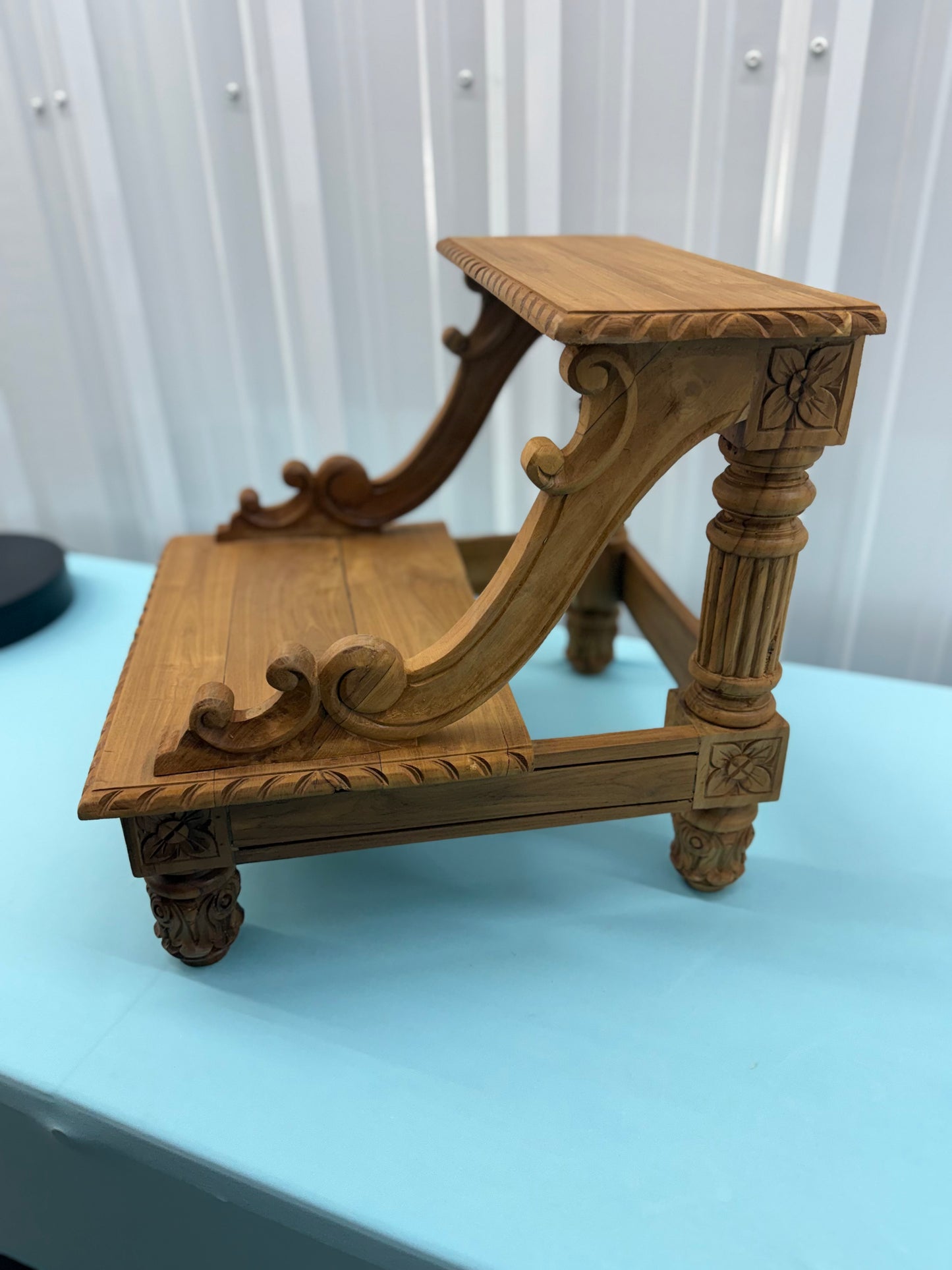 Hand-Carved Solid Teak Step Stool | Ornate Bedside Kitchen Library Steps