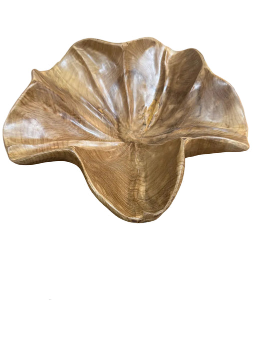 Large Hand-Carved Teak Wood Lotus Leaf Bowl | 15.5" Centerpiece