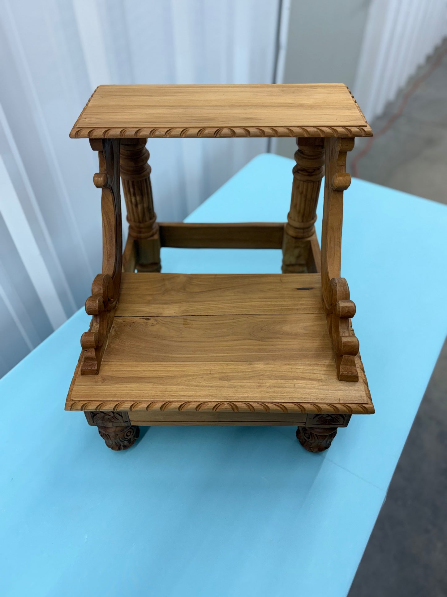 Hand-Carved Solid Teak Step Stool | Ornate Bedside Kitchen Library Steps