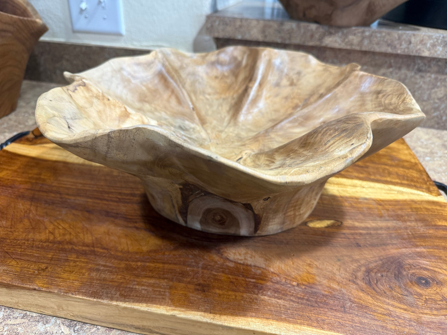 Hand-Carved 400-Year-Old Teak Root Bowl - 15" Live Edge Lotus Centerpiece