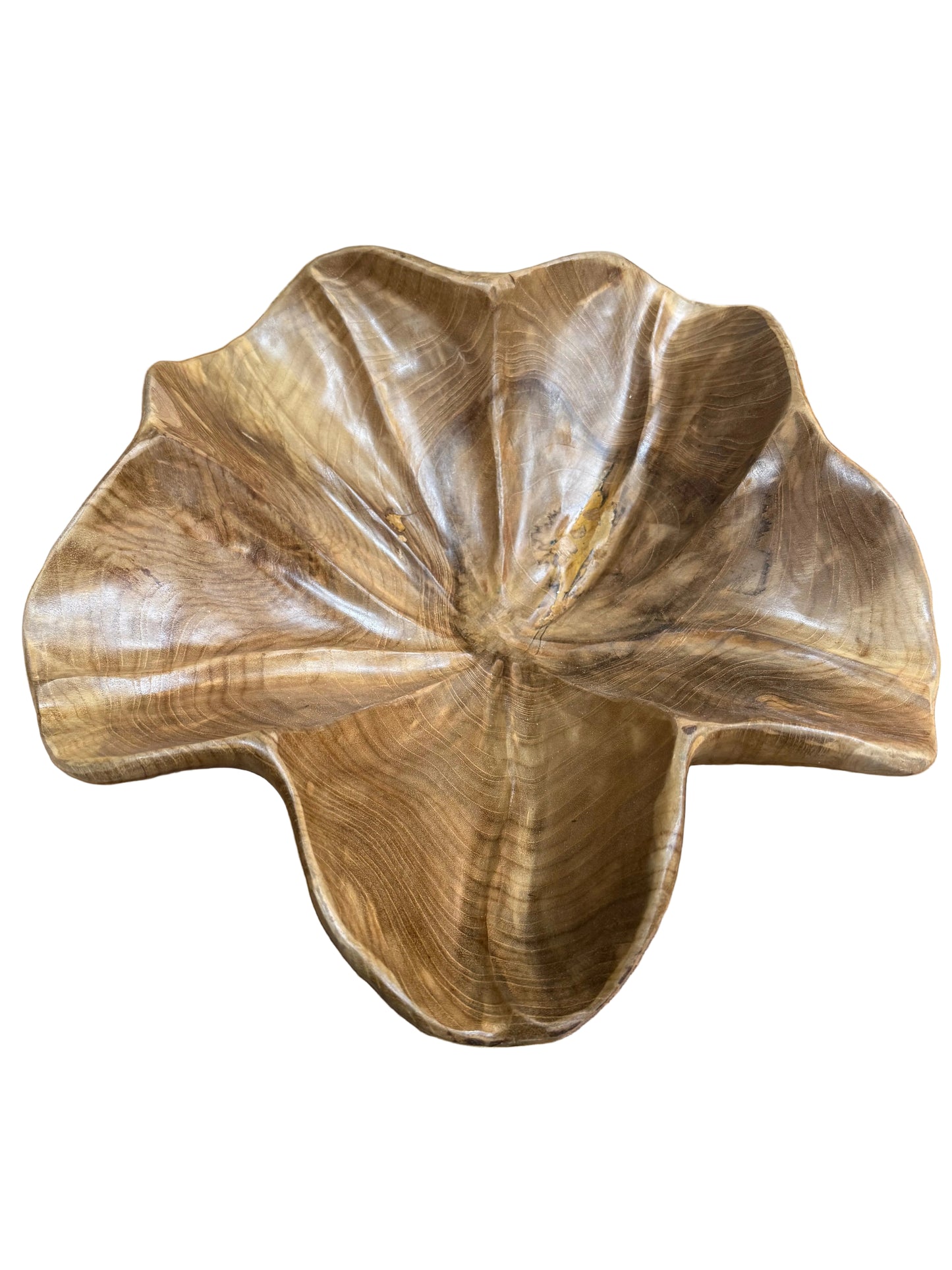 Large Hand-Carved Teak Wood Lotus Leaf Bowl | 15.5" Centerpiece