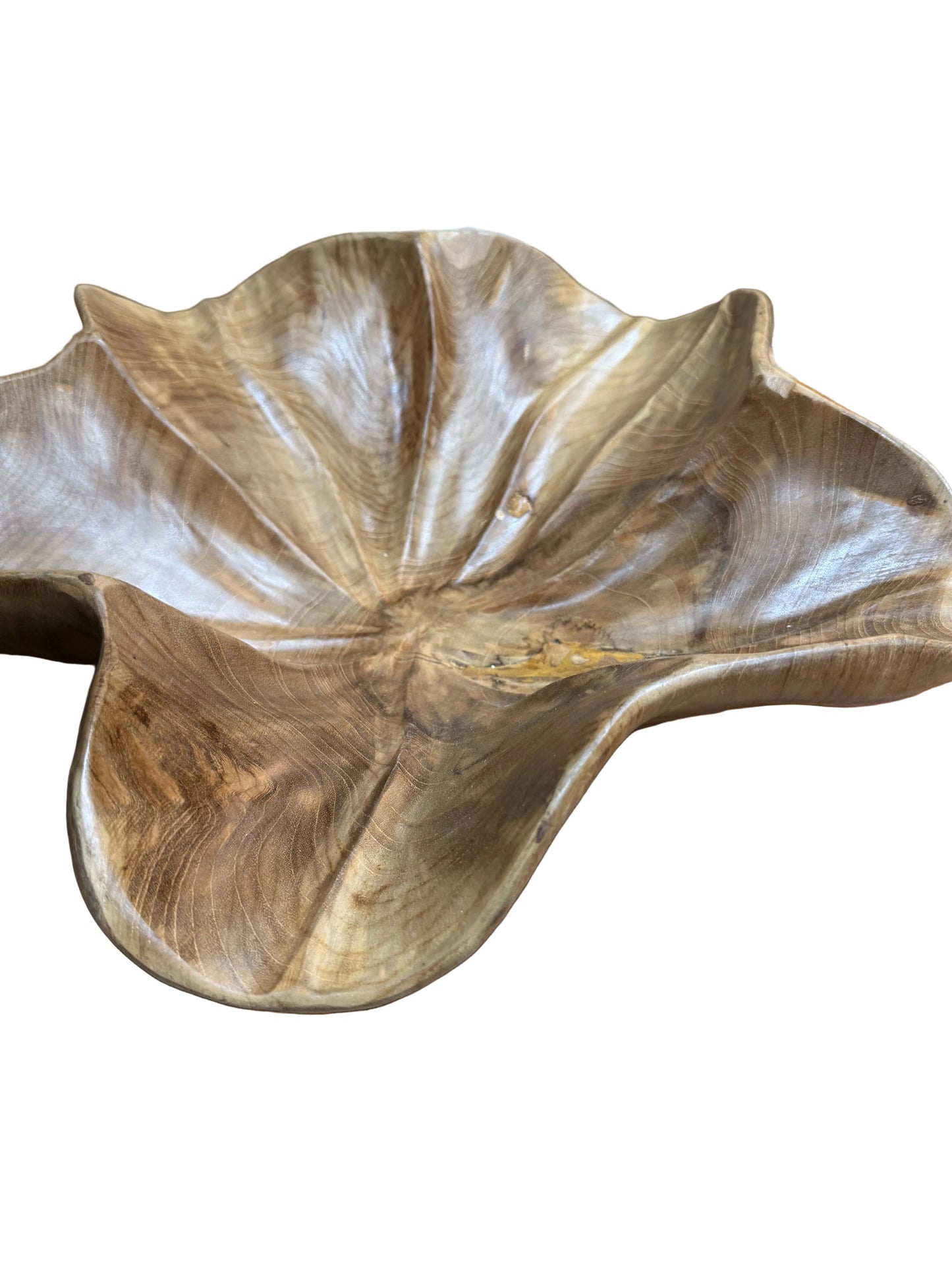 Large Hand-Carved Teak Wood Lotus Leaf Bowl | 15.5" Centerpiece