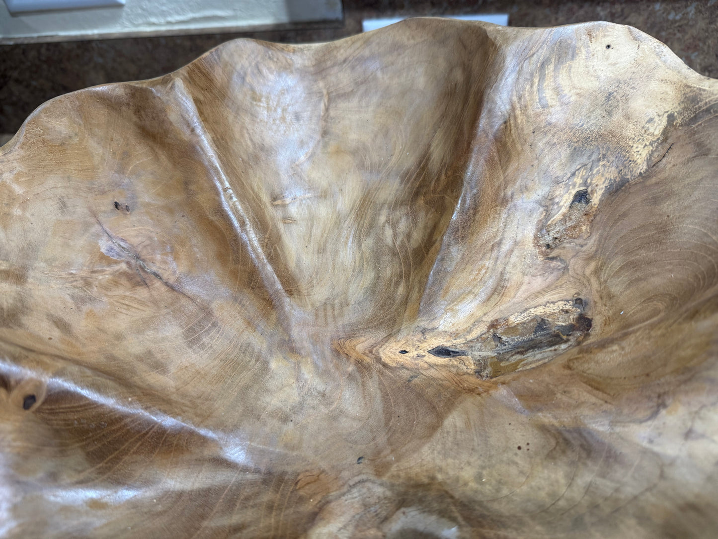 Hand-Carved 400-Year-Old Teak Root Bowl - 15" Live Edge Lotus Centerpiece