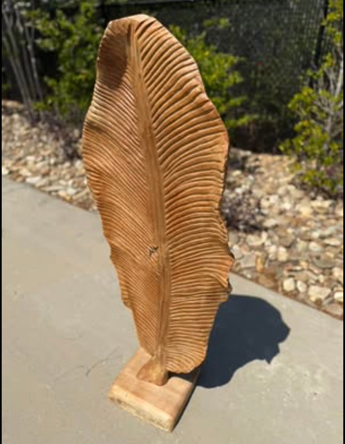 49" Hand-Carved Teak Wood Leaf Sculpture | Floor Standing Natural Wood Art