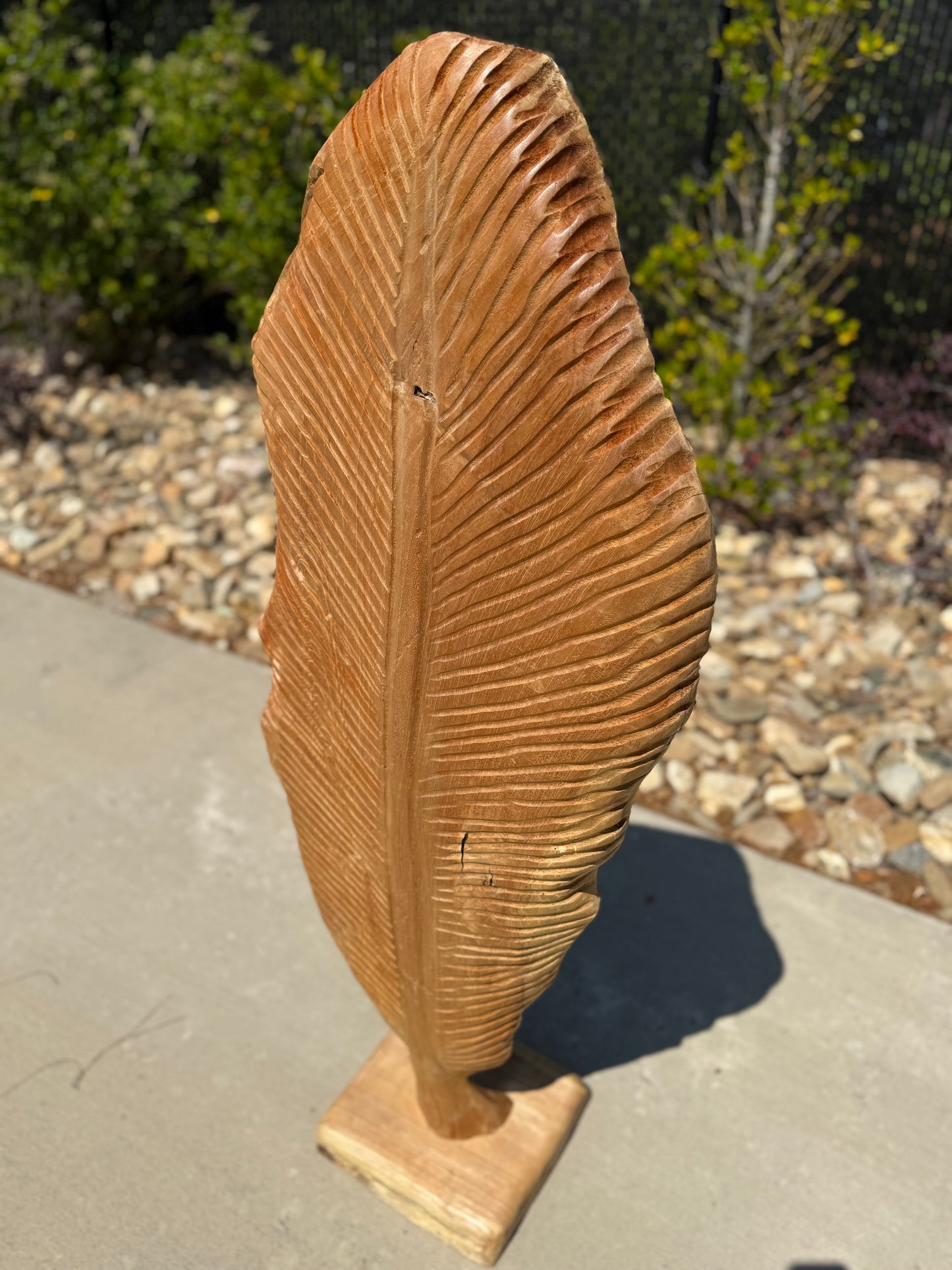 49" Hand-Carved Teak Wood Leaf Sculpture | Floor Standing Natural Wood Art