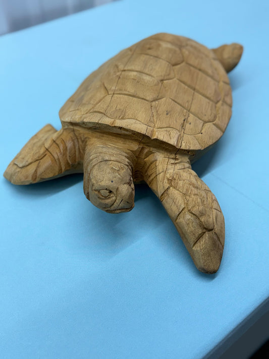 Hand-Carved Wooden Sea Turtle Statue - Rustic Coastal Home Decor