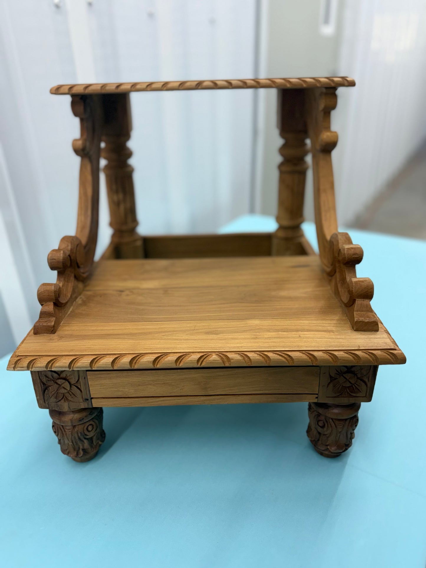 Hand-Carved Solid Teak Step Stool | Ornate Bedside Kitchen Library Steps