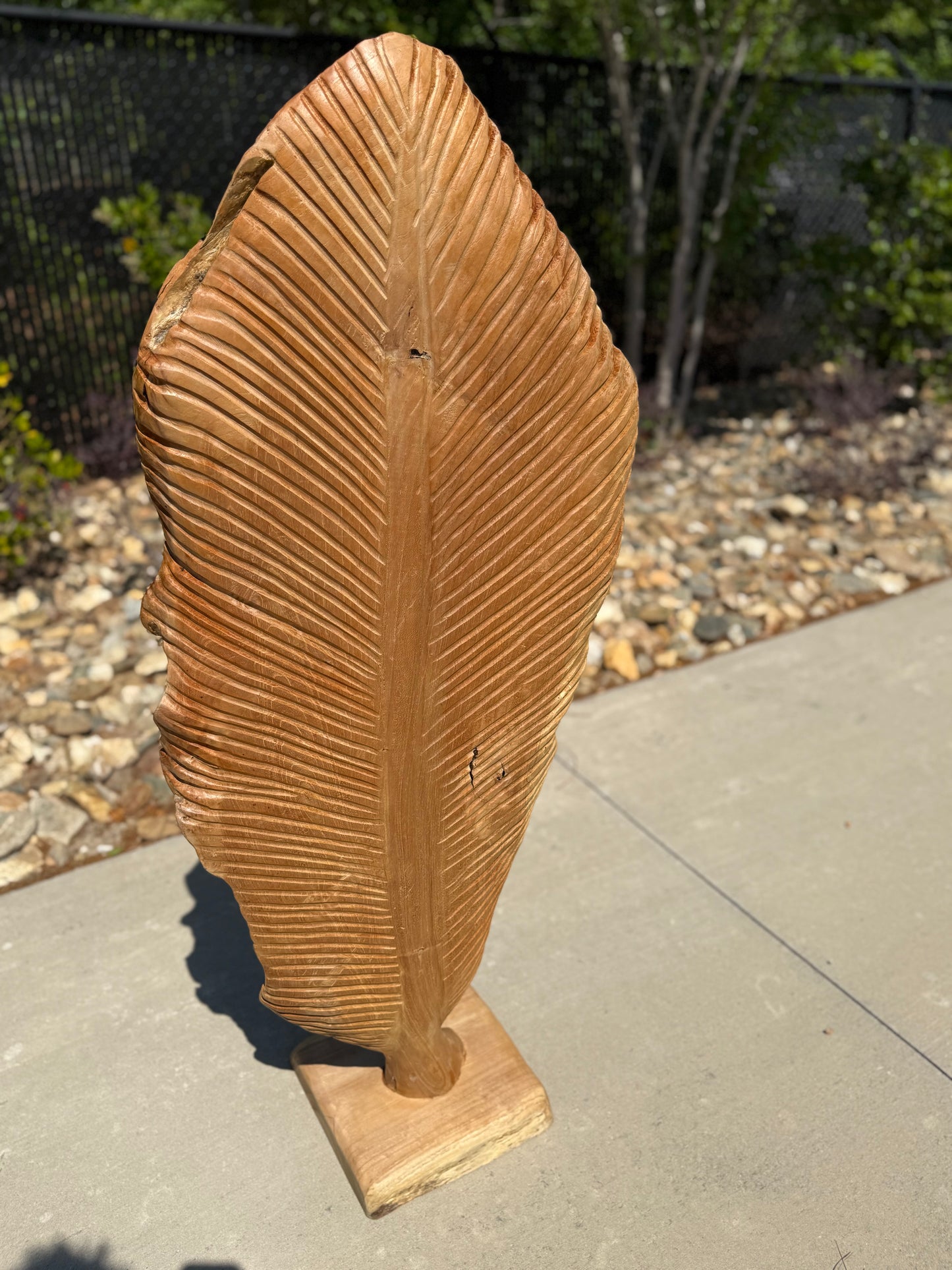 49" Hand-Carved Teak Wood Leaf Sculpture | Floor Standing Natural Wood Art